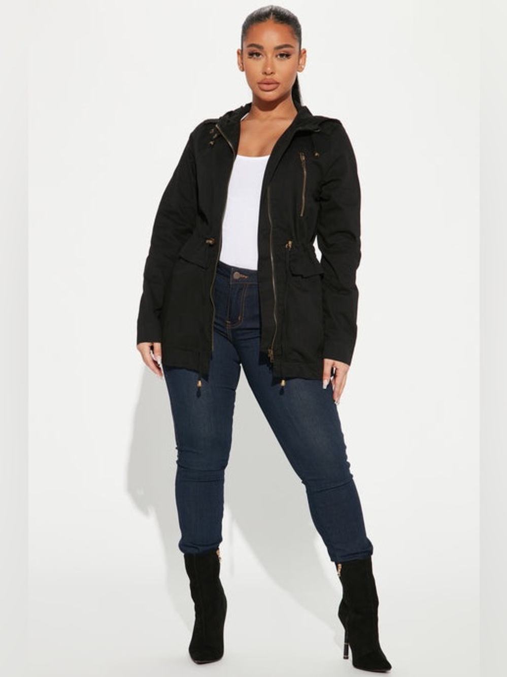 Fashion Nova Wandered Hooded Utility Jacket Black Drawstring Anorak Parka XL NWT